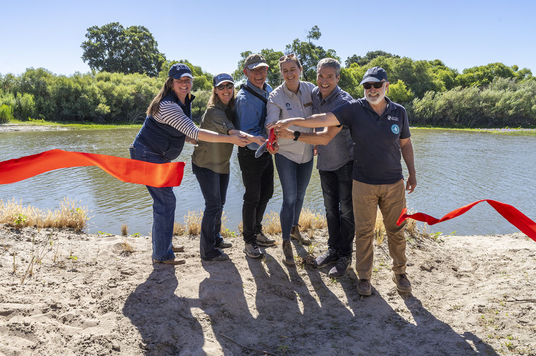 Left to right: Julie Rentner (River Partners), Sarah Puckett (American Rivers), California State Parks Director Armando Quintero, Dr. Ann Willis (American Rivers), California Secretary for Natural Resources Wade Crowfoot, and John Cain (River Partners) cut the ribbon during the Great Valley Grasslands Floodplain Restoration Celebration at Great Valley Grasslands State Park. Photo from California State Parks.
